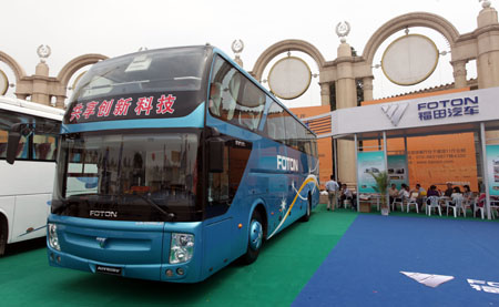 A Beiqi Foton Motor Co Ltd bus at a transport vehicle exhibition in Beijing