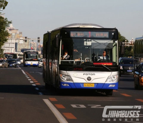 The 18 meters long Foton LNG Bus is into operation in Beijing in 2012