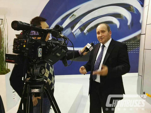 Pierre, Distributor of Yutong Buses in France, being Interviewed by CCTV at Busworld Kortrijk 2015